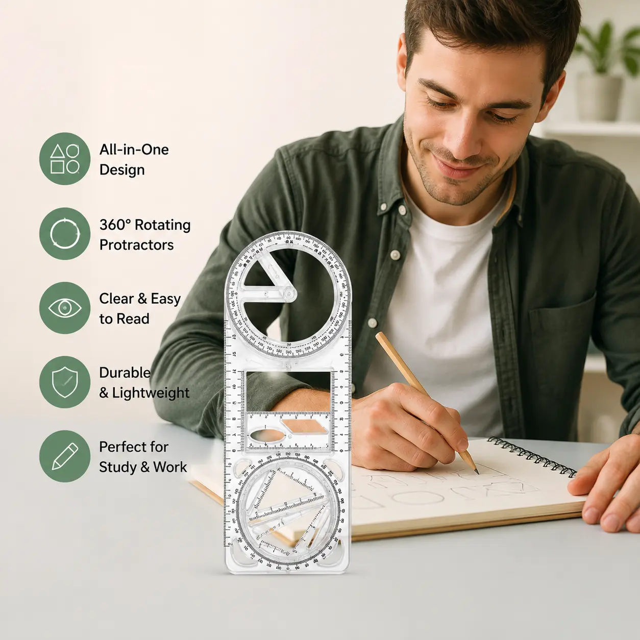 1 Piece Multifunctional Geometry Drawing Ruler - Transparent Multi-Tool with Rotatable Protractor, Movable Pre-Cut Shapes Template, Durable & Lightweight Office Stationery Perfect for Study & Work, Movable Template