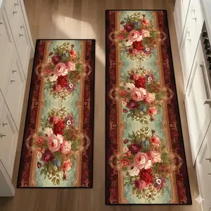 2 Piece Vintage Floral Kitchen Runner Rug Set Red and Rose Non Slip Floor Mats Washable Boho Carpet for Hallway Laundry Room Kitchen Sink Retro Home Decor