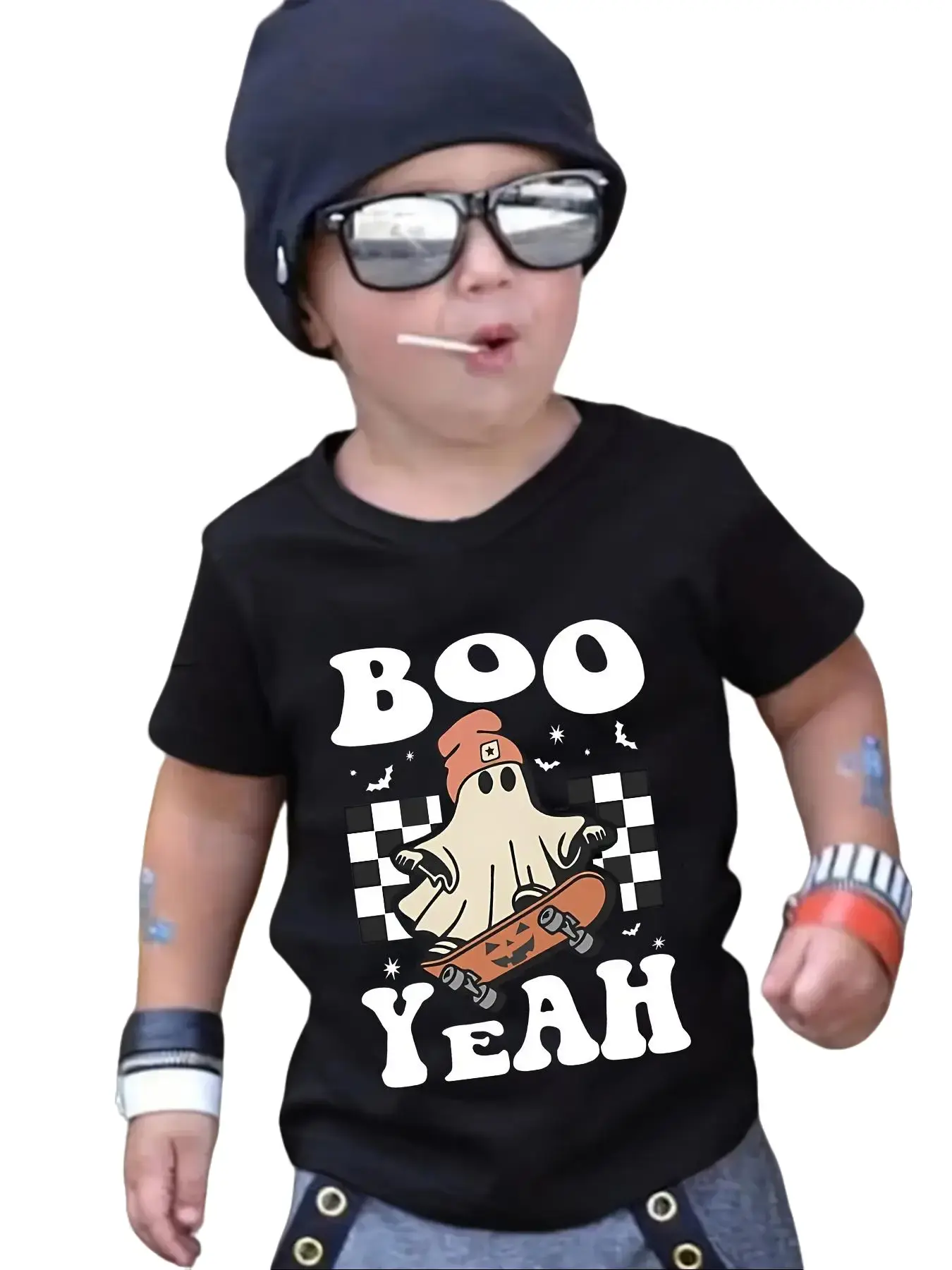 Kids "BOO YEAH" Skateboarding Ghost Graphic T-Shirt Short Sleeve Halloween Toddler Streetwear Tee for Casual Outings and Events Comfortable Stylish Versatile Wear