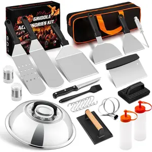 [New Deal]- 26-Piece Griddle Accessories Kit, Flat Top Grill Utensils Tool Set, Stainless Steel Spatulas, Griddle Scraper Chopper, Melting Dome, Bacon Press for Teppanyaki Cooking BBQ, Dishwasher Safe Lid Silicone