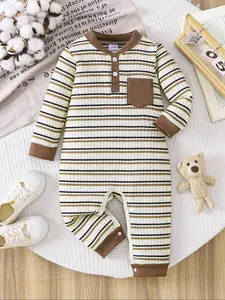Baby Boys' Long Sleeve Striped Jumpsuit, Casual Fall, Comfortable One-Piece Romper, Daily Wear for Infants, Stripes Print Bodysuit