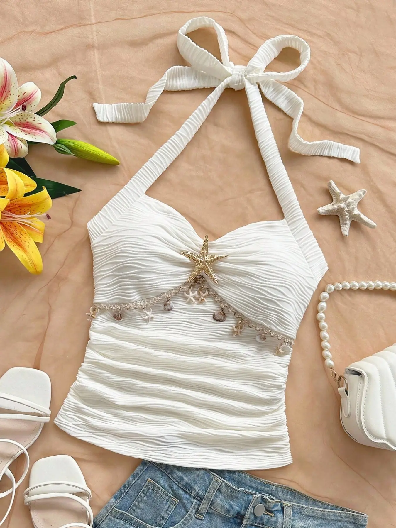 Women's Summer Vacation Halter Tie Starfish Shell Decor Lace V-Neck Floral Metal Buckle White Knit Textured Fitted Tank Top, Summer Tops Trendy, Casual Halter Top, Slim Fit Blouse, Feminine, For Party, Date, Cruise, Holiday, Beach, Music Festival