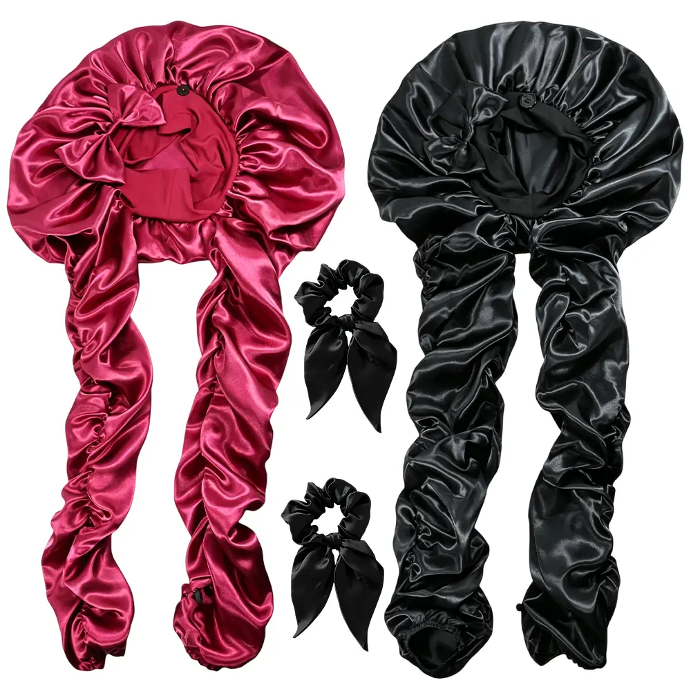 Pack of 2 Braids Long Hair, 2 in 1 Double Layer Silk Satin Bounce Curl Caps and 2pcs Hair Ties Women Sleeping Samurai Wrap Hair Hose Cap