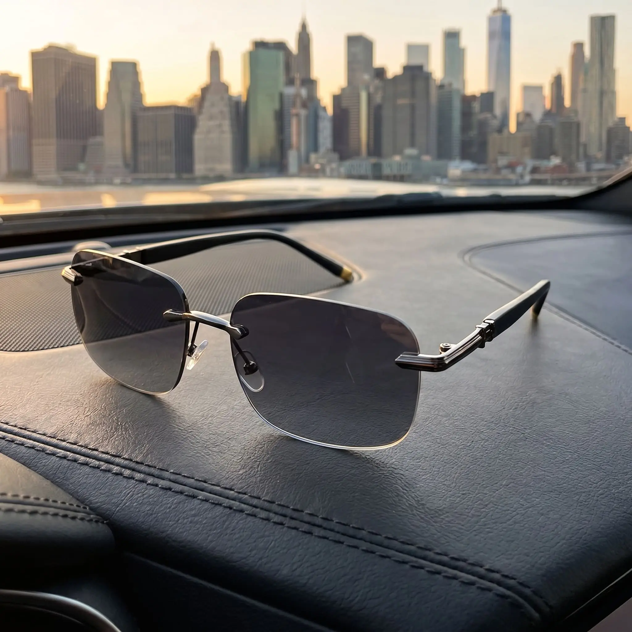 Men's Premium Rimless Rectangle Sunglasses - Diamond Cut Beveled Edge Tinted Glasses, Lightweight UV400 Eyewear for Driving, Golf & Business