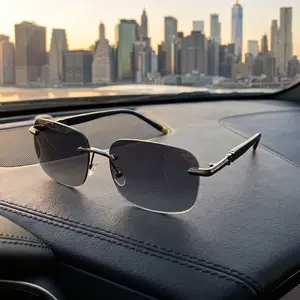 Men's Premium Rimless Rectangle Sunglasses - Diamond Cut Beveled Edge Tinted Glasses, Lightweight UV400 Eyewear for Driving, Golf & Business