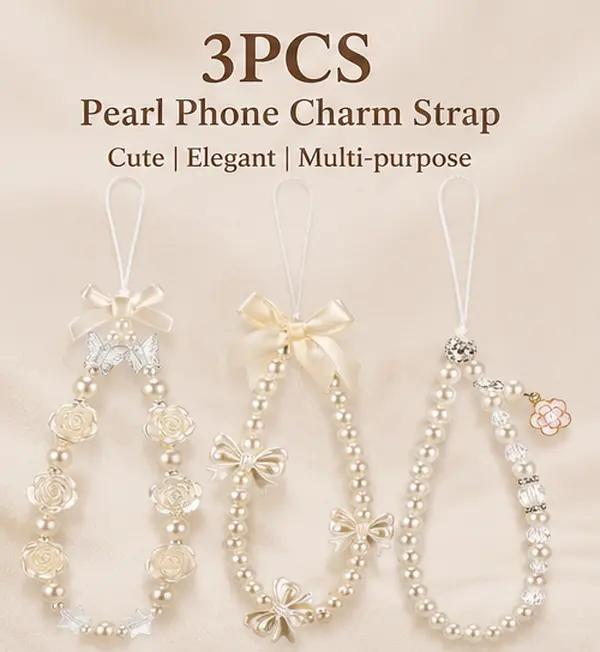 3 Pack Cute Phone Charm Straps, Pearl Beaded Wrist Lanyards with Butterfly, Bow & Flower Charms, Phone Wrist Strap for Smartphones, Cameras, Keys, Wallets & Bags