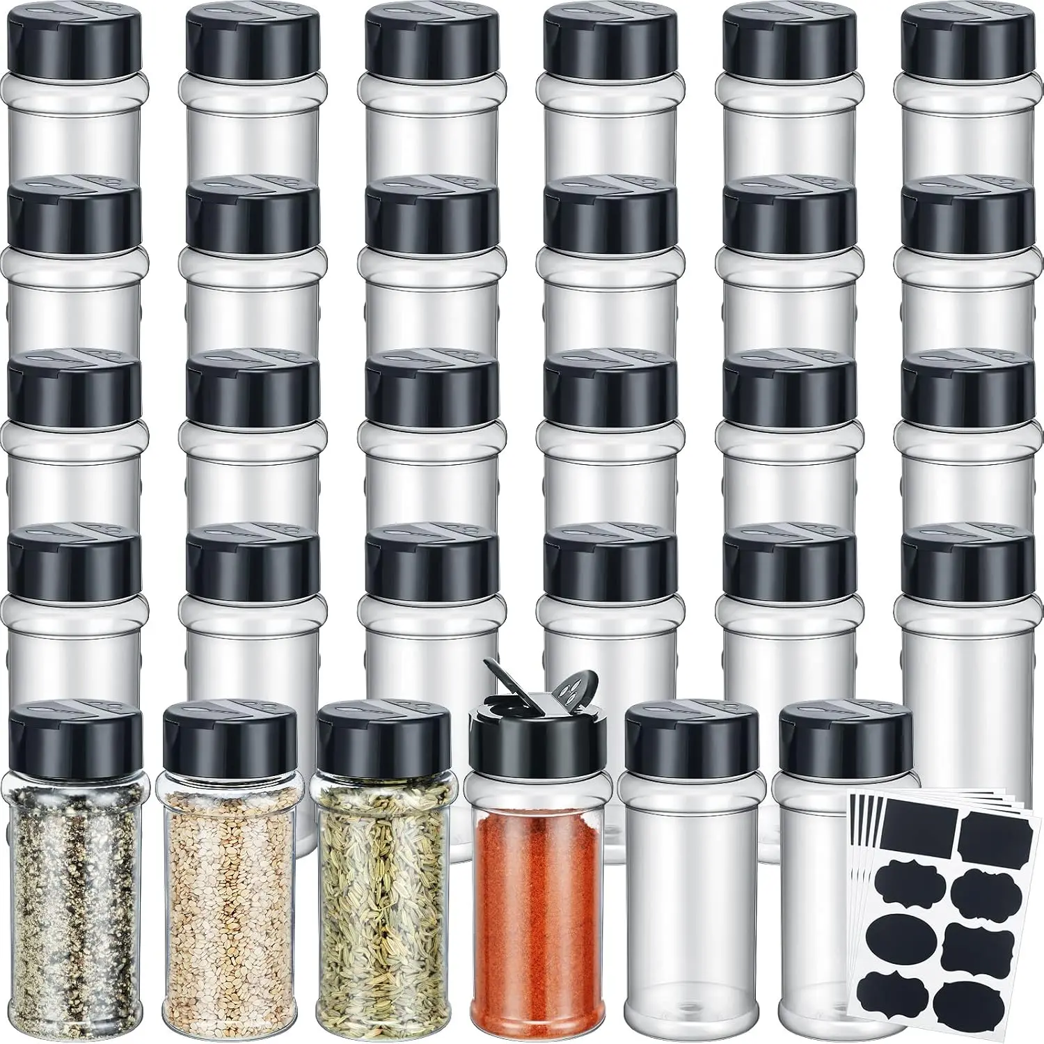 36PCS 3oz Clear Plastic Spice Jars with Label and Shaker Lids Empty Spice Bottles Seasoning Containers Seasoning Jars Shaker Condiment Pots for Pepper Herbs Powders (Black)