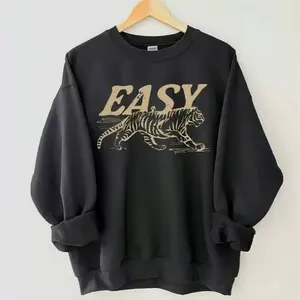 Vintage Easy Tiger Sweatshirt, Vintage Animal Graphic Tiger Tee, Unisex Boho Aesthetic Sweater, Soft Retro Style Top Pullover- Cotton Black Matching