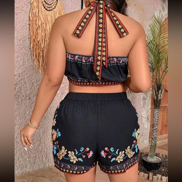 Boho Plus Size Floral Print Halter Cropped Top Side Knot Skort Set Black
