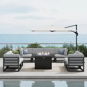 LayinSun Large Aluminum Patio Furniture Set with Fire Pit Table, 9-Pieces Modern Outdoor Conversation Set Sectional Metal Sofa Set with Olefin Cushion, Multiple Packages