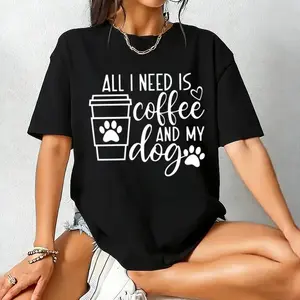 Dog Coffee Letter Element Printed Women'S Summer Fit Round Neck T-Shirt