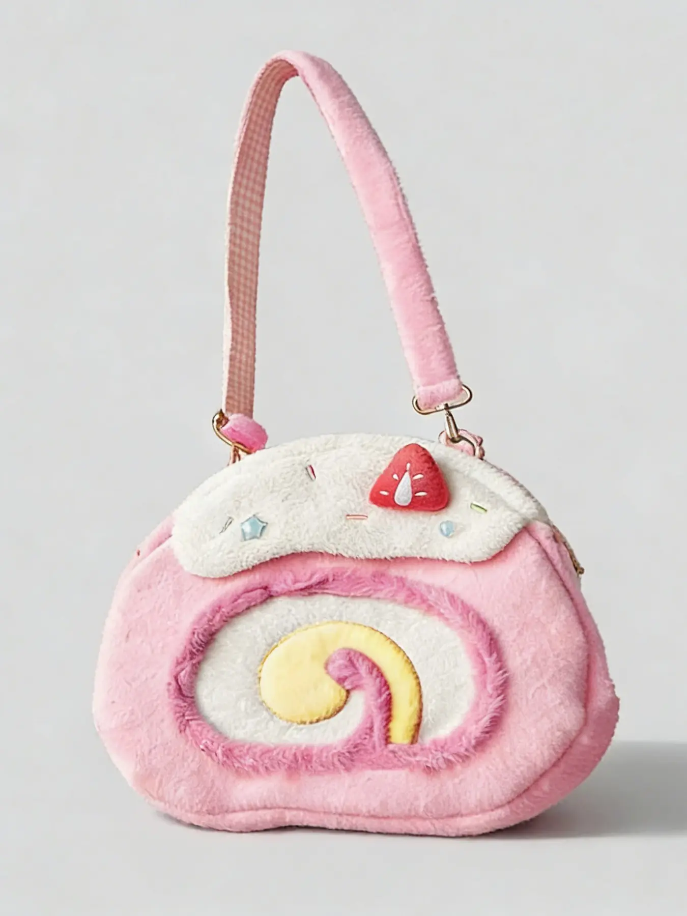 Cute style plush cake roll shoulder bag, Cute shoulder bags, three-dimensional strawberry decoration, icing glitter details, gradient heart design, soft and healing feeling, accessory for daily travel and dates, Crossbody shoulder bag