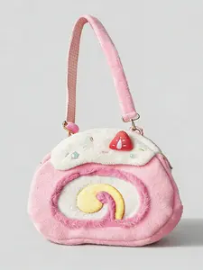 Cute style plush cake roll shoulder bag, three-dimensional strawberry decoration, icing glitter details, gradient heart design, soft and healing feeling, preferred accessory for daily travel and dates, Crossbody shoulder bag