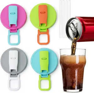 Soda Can Lids 4-Pcs 4-Color BPA-Free Reusable Covers with Straws One-Click Open Leak-Resistant Airtight Seal for Fresh Drinks