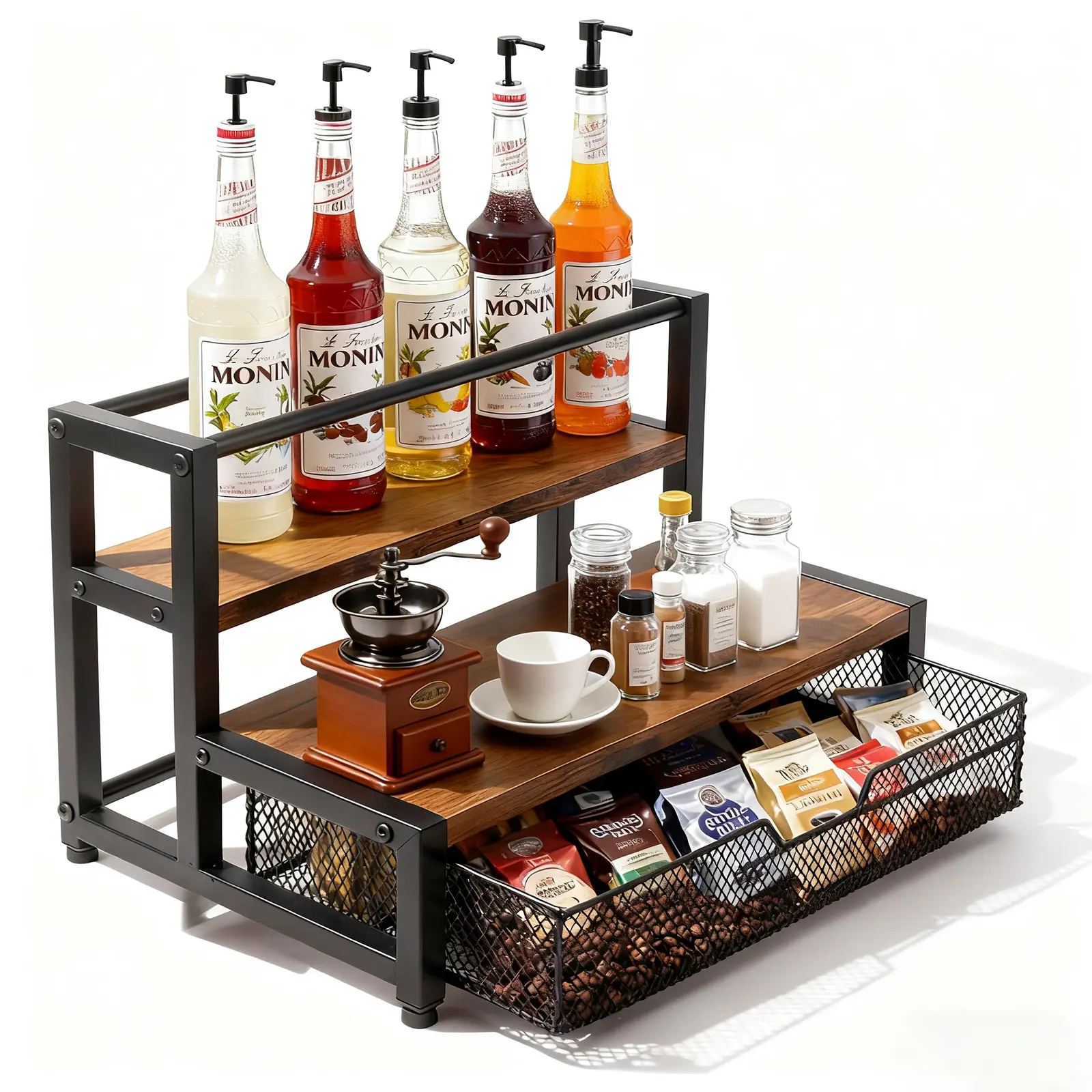 Metal Coffee Bar Storage Rack With K-Cup Storage Basket, Extendable Drawers And Spacious Shelves. It Is An Ideal Choice For Organizing Coffee Accessories And Coffee Station Items, And An Excellent Gift For Christmas. Beverage Organizer Double Tiers sohoch