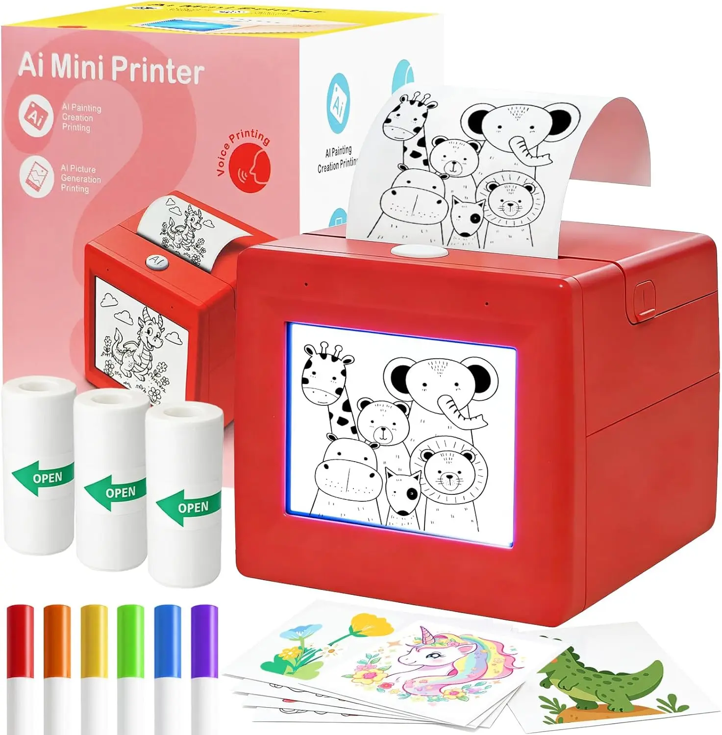 AI Voice Activated Sticker Printer for Kids – Smart Portable Thermal Sticker Maker Toy with Voice-to-Image Generation, 3 Paper Rolls & 5 Coloring Markers