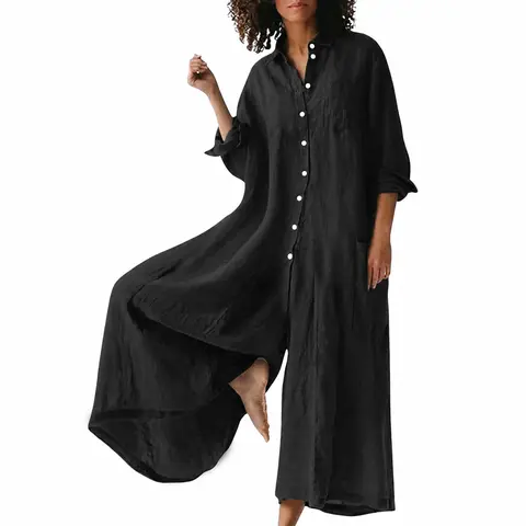 utcoco Women's Linen Button-Down Long-Sleeve Jumpsuit - Oversized Fit, Easy Drape, Flared Pants, Lightweight Breathable, Minimalist Dresses-Inspired Beach Overalls, Women's Clothes, Cruise Outfits, Boho Styles,sohochic