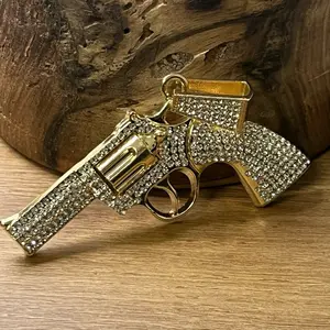 Pistol Gun Gold Plated Pendant With Clear Rhinestones 2.75”