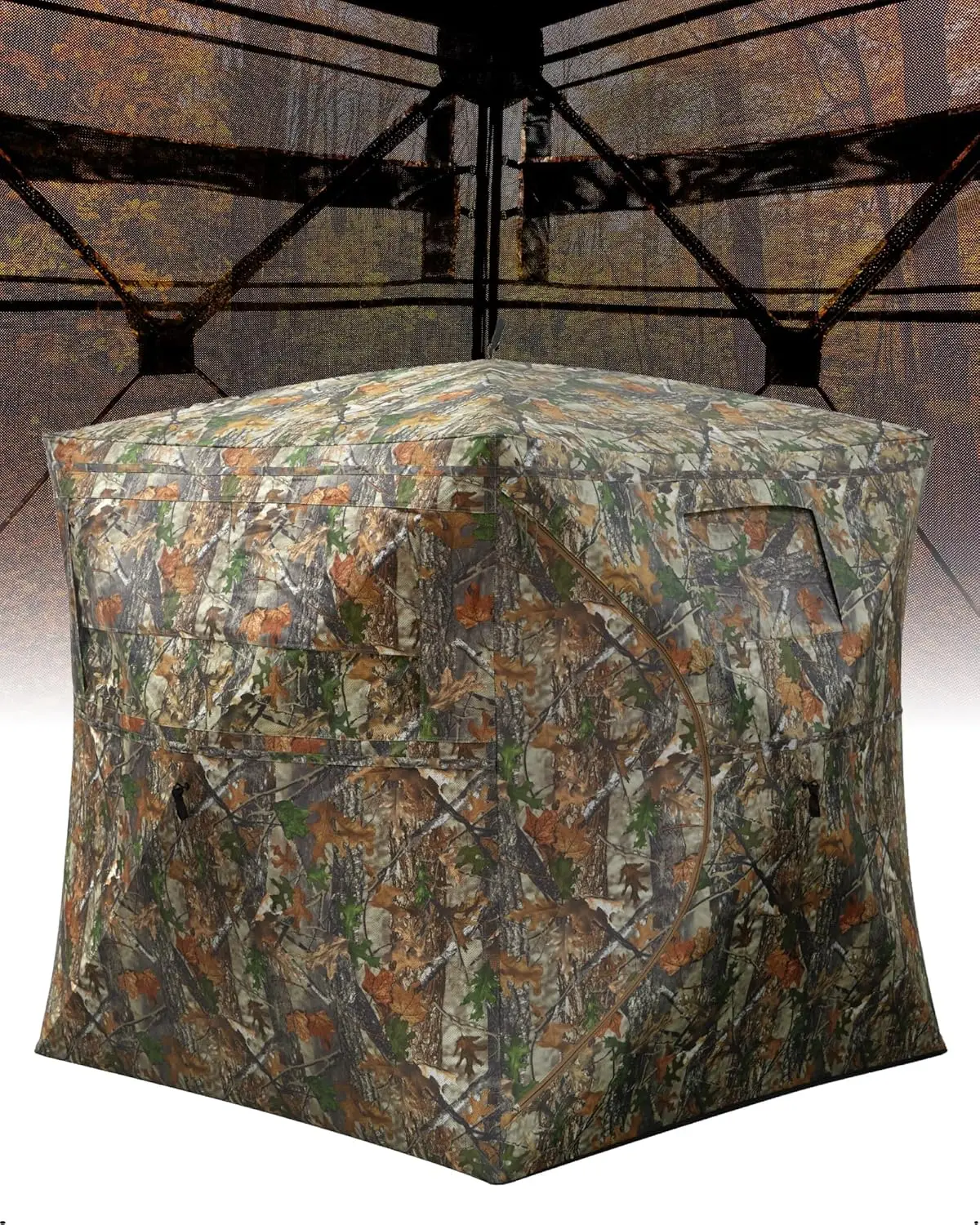Unisex Pop Up Hunting Blind for 4-6 Adults, Camouflage Polyester-PU Oxford Cloth Outdoor Hunt Gear, 270° See-Through Windows, Silent Magnetic Door, 58"x58"x66"h Roomy Interior, Lightweight, 8 Black Ground Nails, 210D Oxford Cloth Bag
