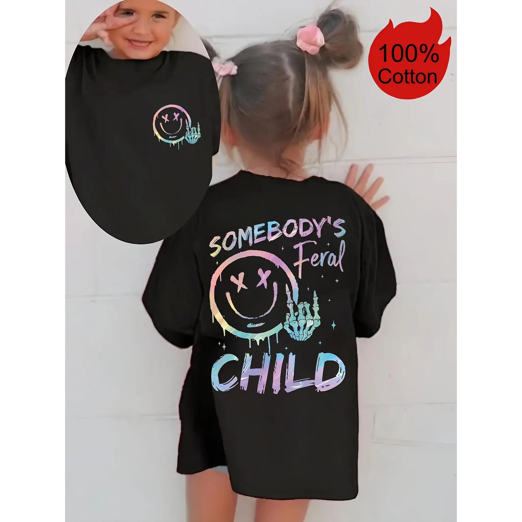 Kids' Funny Graphic Fashion T-Shirt, "Somebody's Feral Child" Print, 100% Cotton Casual Streetwear Top