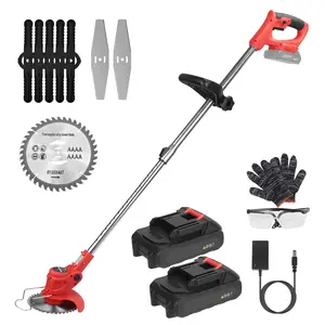 Electric Cordless Grass Trimmer Rechargeable Lawn Mower Weed Cutter with 2 Alloy Saw Blades 2 Alloy Blades 10 Plastic Blades 2 Rechargeable Batteries Goggles Gloves Auxiliary Handle,summervibes