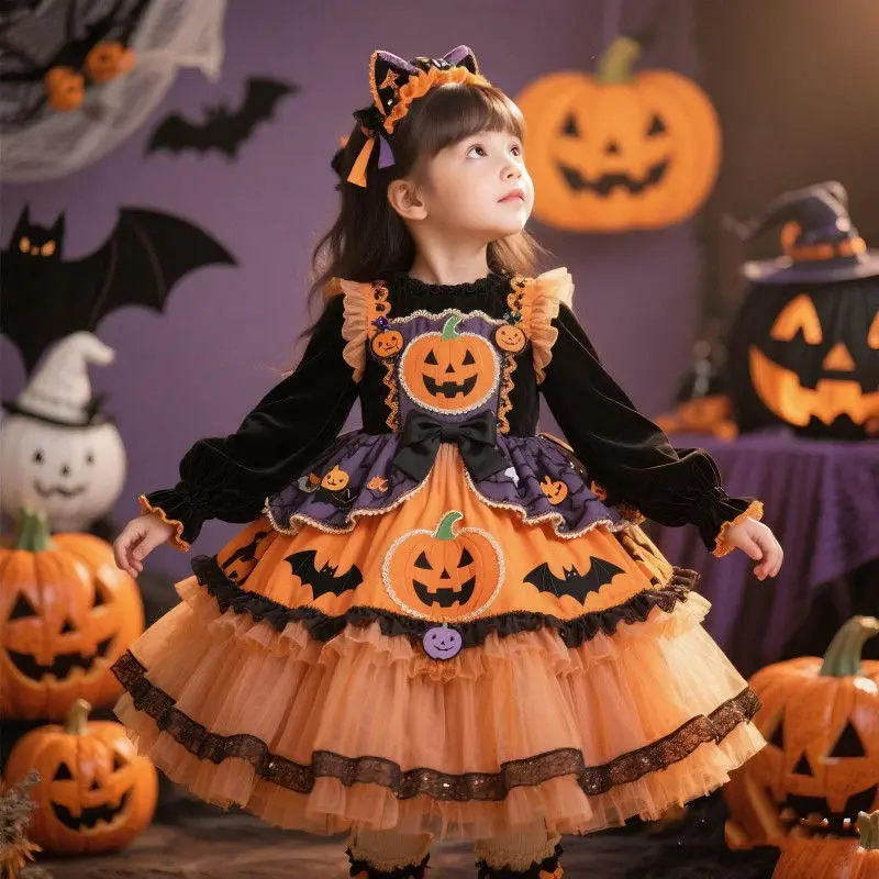 Toddler Girl Pumpkin Princess Dress, Festive Autumn Party Outfit Providing Warmth for Birthdays, Size 3 - 4 Years, Halloween, Long Sleeve, Girls Halloween Costume, My Halloween Outfit For Girls