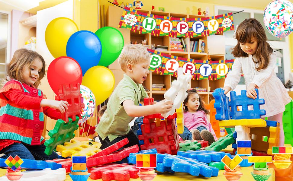 Block Party Decorations,53 Pcs Building Blocks Birthday Decorations Set - Building Block Birthday Balloons,Building Block Banner Cake Topper etc Colorful Building Block Birthday Party Supplies