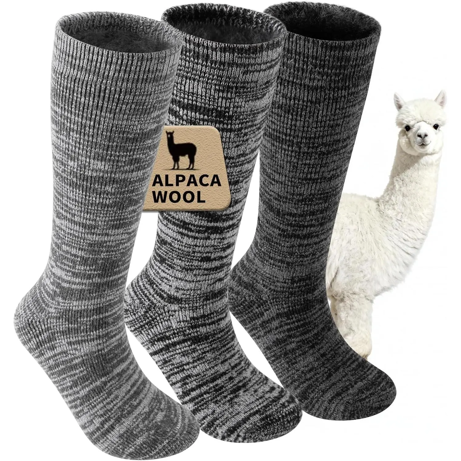 3 Pairs Menswear Alpaca Wool Boot Socks - Men's & Women's Natural Plush Fuzzy Thermal Warm Heavyweight Thick Socks for Winter Outdoor Hunting, Moisture Wicking, Sweat