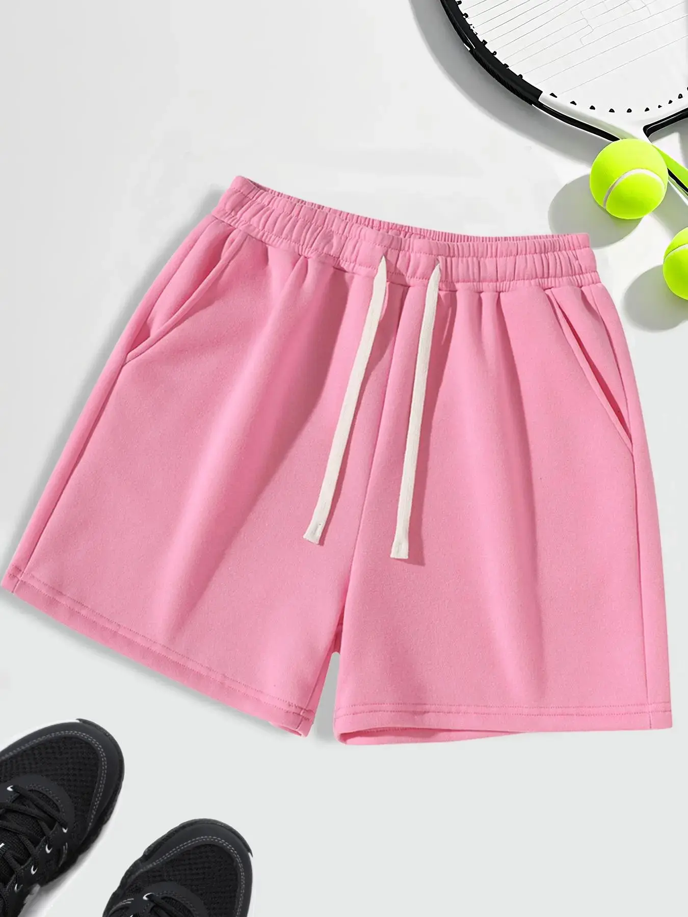 Unisex Drawstring Waist Shorts, Athleisure Casual Shorts, Plain Drawstring Shorts, Soft Comfortable Solid Color Basic Style, Suitable for Casual Sports Outdoor Activities, Summer Sports Shorts