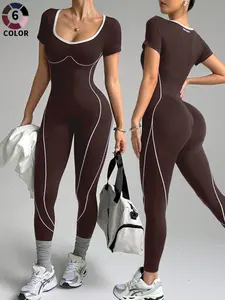 Seamless Knitted Women's Yoga Jumpsuit, Stretchy Sporty Activewear, Stretchable Activewear, Quick-Dry Fitness, All-Seasons, Hiking, Cycling, Pilates, Tight Fitting Jumpsuit