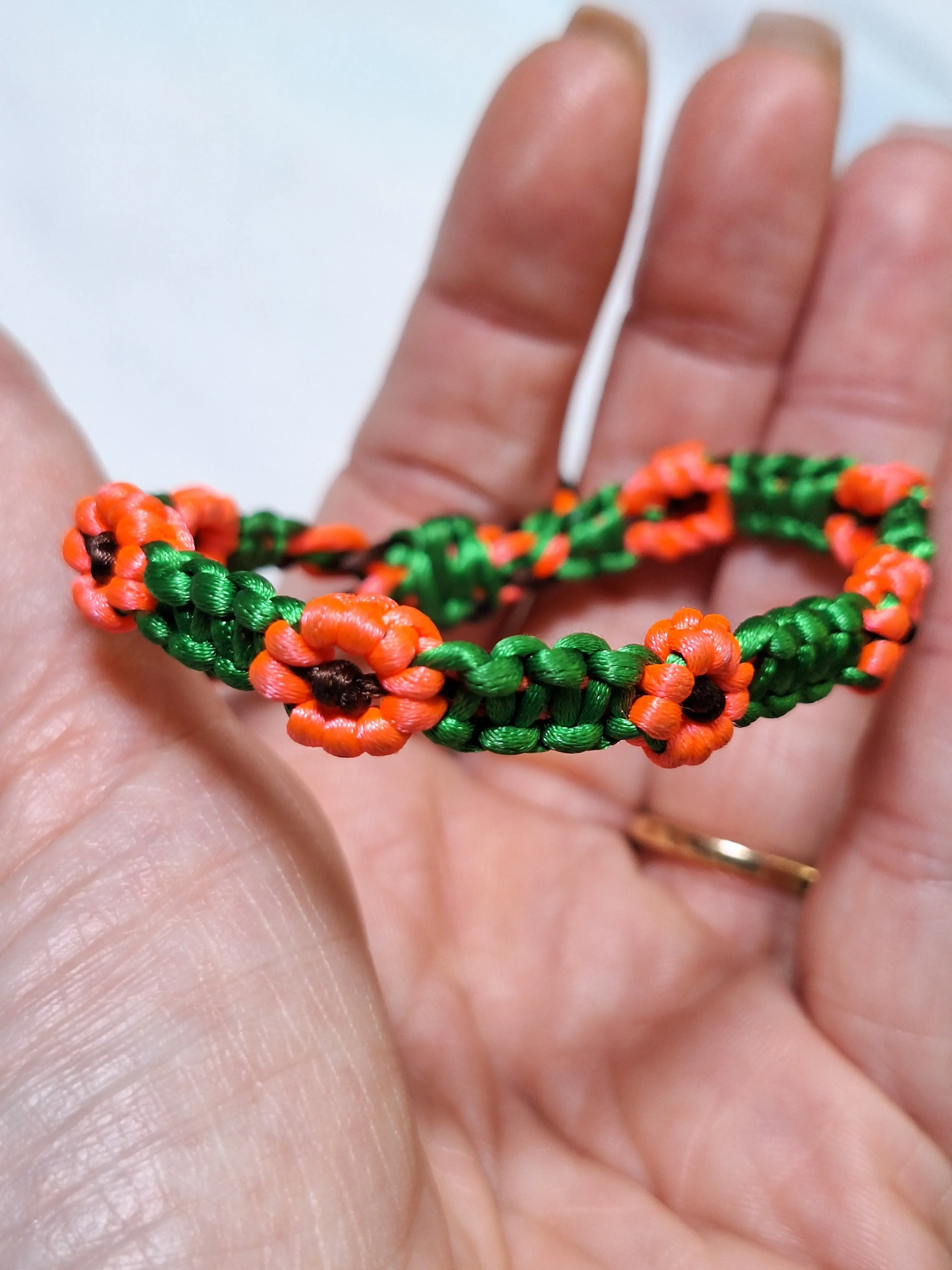 Hot Pink Poppy Flower Macramé Bracelet - Green Braided Cord