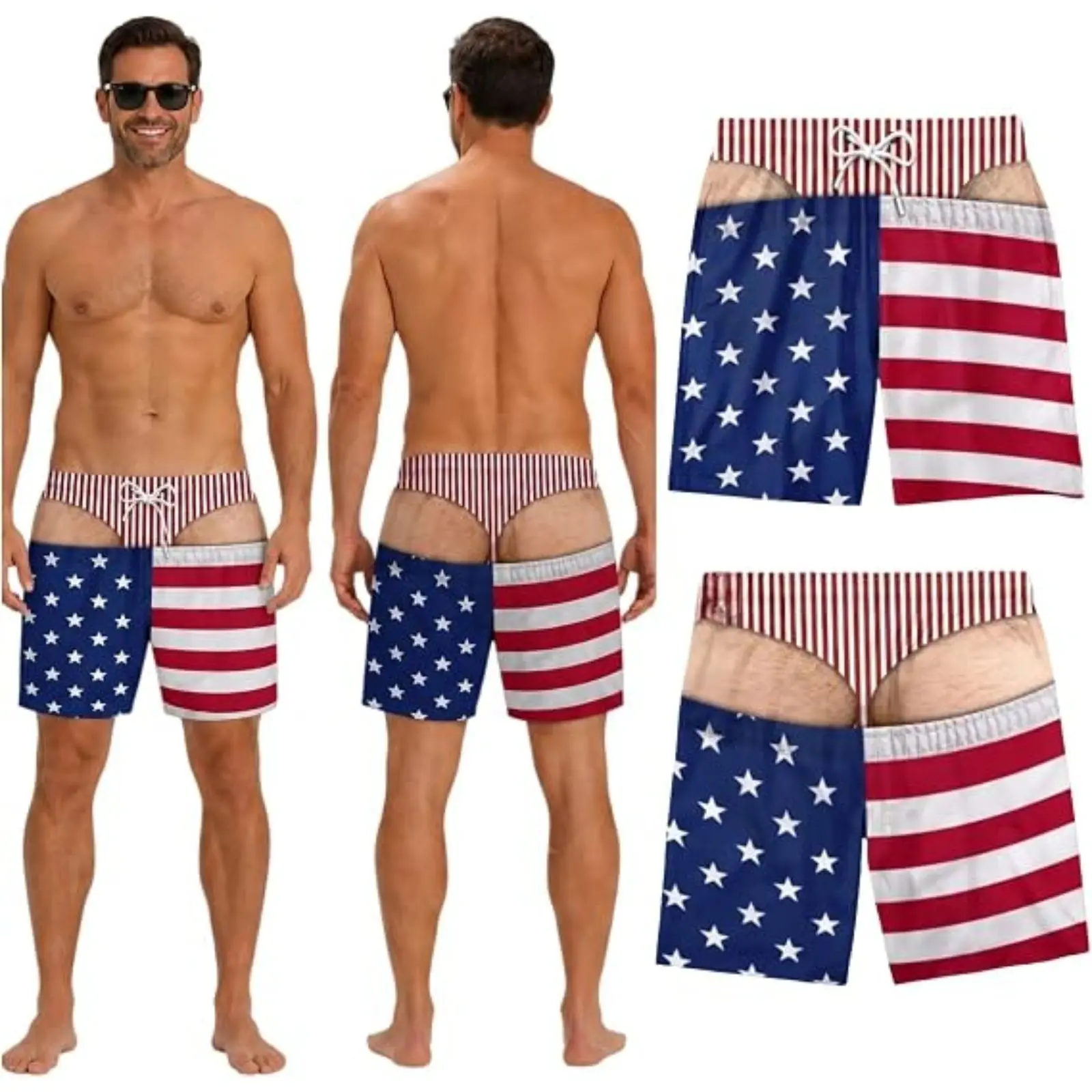 US Flag Hairy Butt Cheek Funny Swim Trunk For Men, Hairy Legs 3D Print Quick Dry Men Shorts