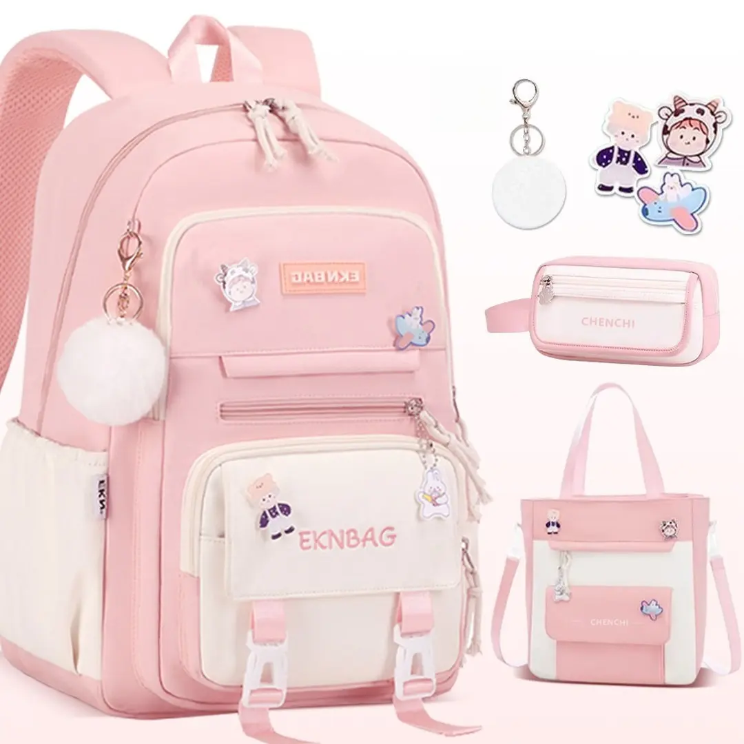 3Pcs Color Block Oxford Cloth Backpack Set for Teen Girls Women, Cute Pink White Large Capacity Water Resistant School Backpack with Shoulder Tote Bag & Pencil Case, Lightweight Spine Relief Casual Daypack with Fluffy Pom Pom Keychain Cartoon Stickers for