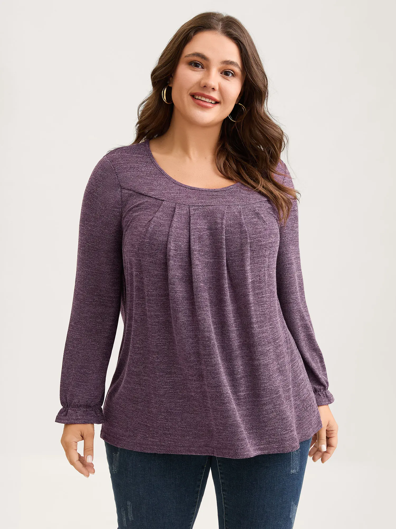 BloomChic Plus Size Casual Heathered Round Neck Top - Pleated Ruffles, Long Lantern Sleeves, Loose Flattering Fit, Medium Stretch, Regular Length, Chic for Casual Outings, Women's Tops, Medium Stretch Moves Easy, Shirts, Loose Fit, Long Sleeve