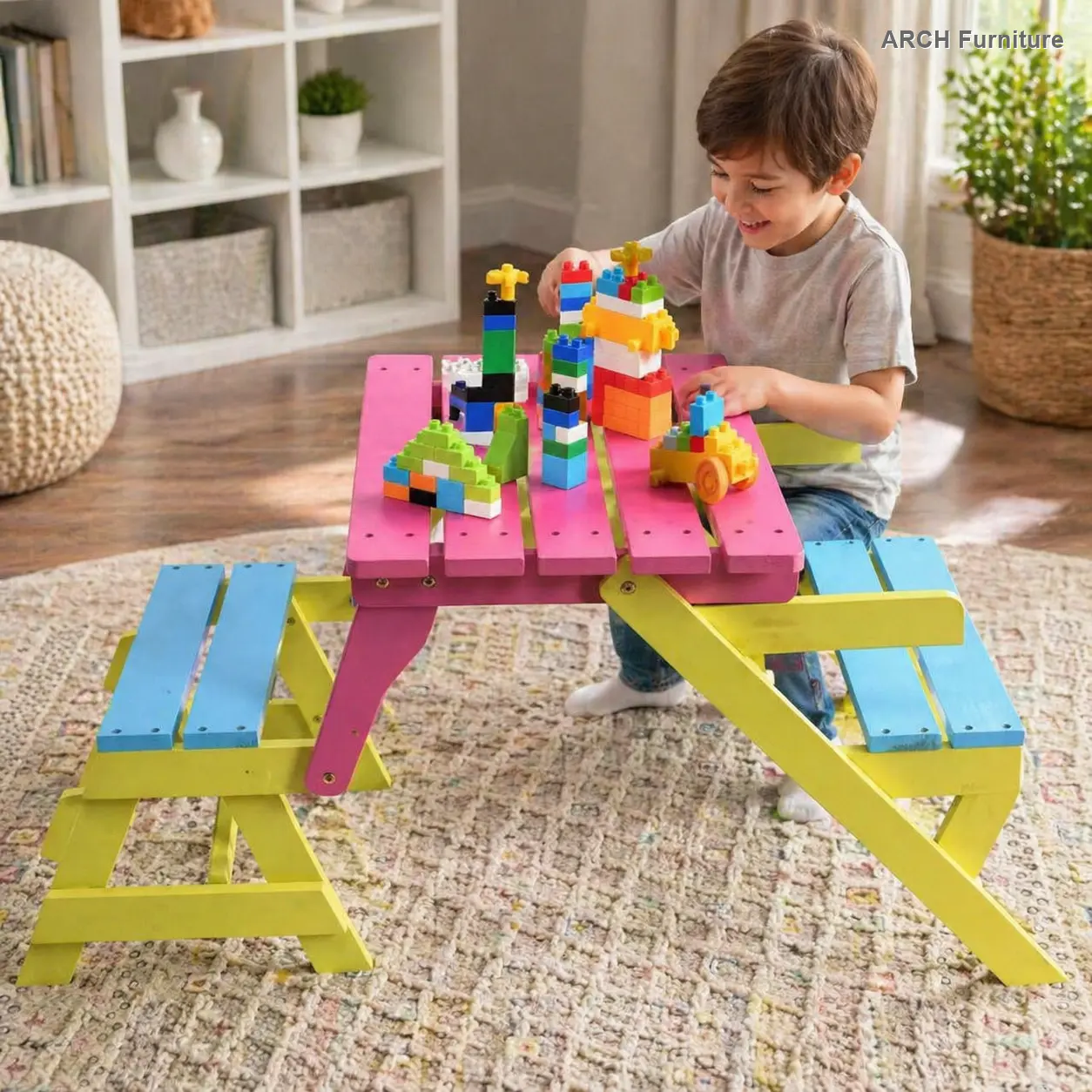 Children's Compact Multi-Use Solid Wood All-in-1 Furniture Set - Arch Armchair, Table, 2 Benches, Easy Clean, 40.60 x 20.10 x 18.70 inches for Nursery, Game Room Tables & Desks