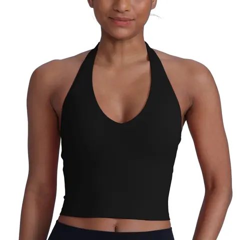 UNISSU Hugcurve Women's Halter Compression Sport Bra - V-Neck Longline, Polyamide Blend, Buttery Soft, Removable Pads, Above-Navel Crop, 26% Lycra Elastane, All Seasons Backless Activewear for Gym, Yoga