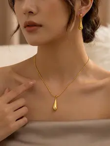 2Pcs Stainless Steel Gold Color Teardrop Tassel Necklace Earrings For Women New Gift Hypoallergenic Waterproof Jewelry