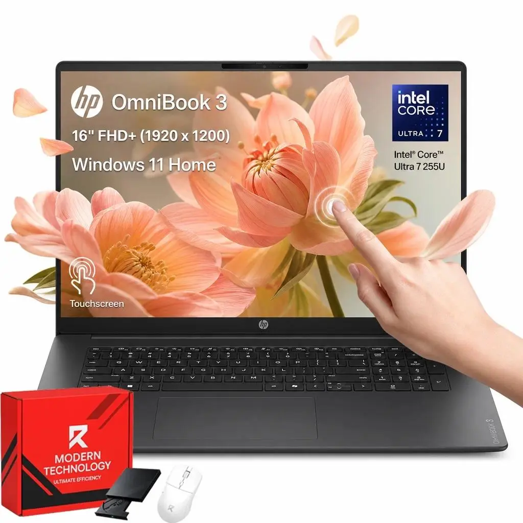 HP OmniBook 16" 2K Laptop Touchscreen Computer, Intel Core Ultra 7 255U, 16GB DDR5, 512GB/1TB/2TB SSD, Wi-Fi 7, Windows 11 Home w/Accessory