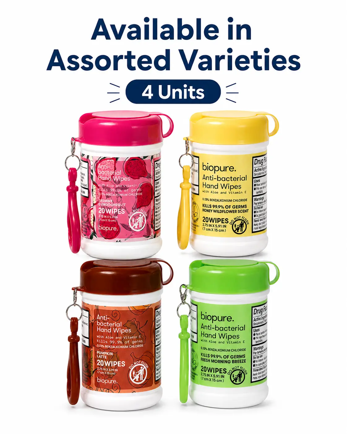 4x Biopure Assorted Products Anti-Bacterial Hand Wipes Travel Canisters Variety Pack 20 Ct Each, Kills 99.9% Germs, with keychain - 80 wipes total alcohol-free Aloe Jasmine Pumpkin, Honey