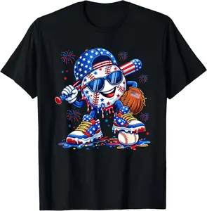 4th of July Baseball Drip for Boys Ice Cream American Flag T-Shirt Kids graphic tee
