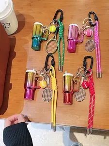 A Set Of Cup-Shaped And Tennis Racket Braided Rope Keychain Set - Gradient Metal Texture Mini Water Cup Pendant, Perfect Valentine's Day Gift, Holiday Gift, Birthday Gift, Party Gift, Fashionable Sports Series, Novel Keychain, Bag Accessories.