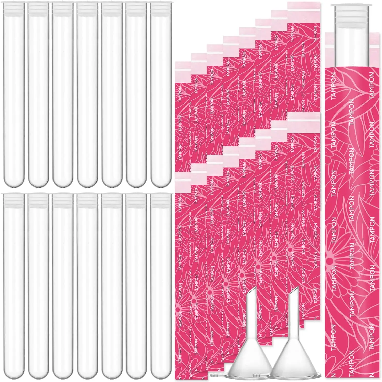 40 count Tampon Flask Set,Includes 14 count 1oz Reusable Plastic Tube Flasks for Women Flask Containers 24 count Tampon Reusable Wrappers Funnels for Cruise Event,Concert,Outdoor
