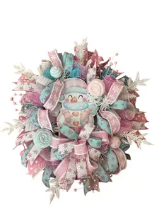 Pastel Snowman Wreath for Front Door, Pink and Blue Christmas Wreath, Winter Wonderland Door Decor, Holiday Candy Wreath