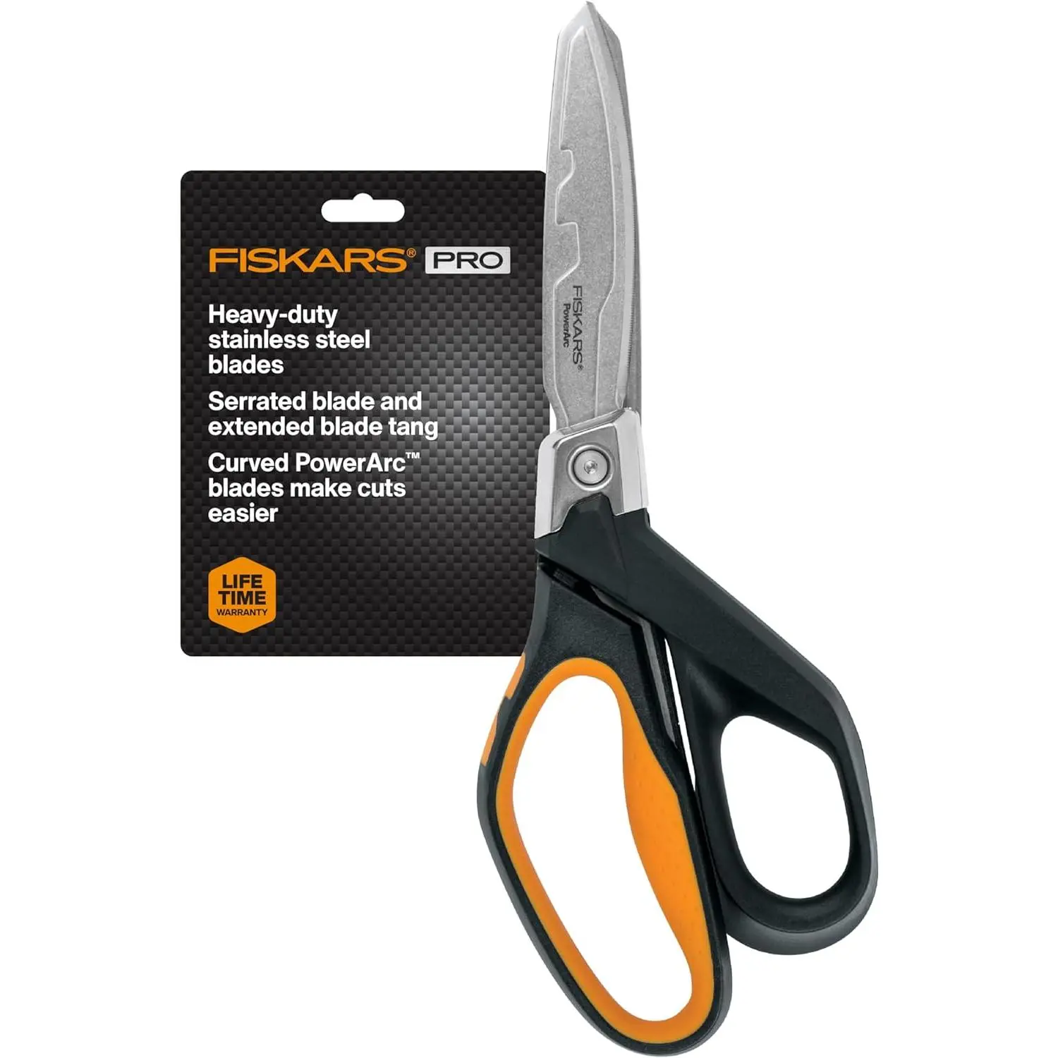 Fiskars PowerArc 8" Shop Shears, Heavy Duty Serrated Stainless Steel Scissors with Comfort Grip, Hardware Tool for Construction, Cut Materials like Insulation, Duct Tape, Cardboard, Rope and Tyvek