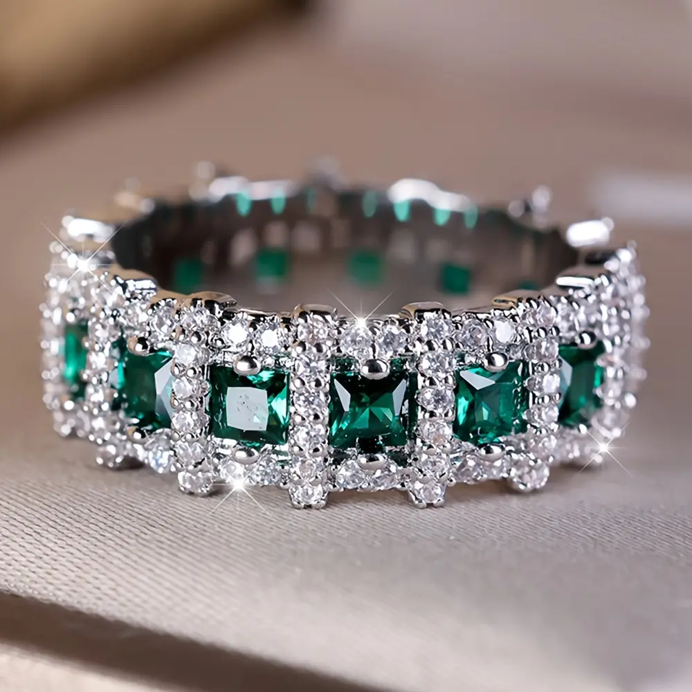 Gorgeous Super Shiny Eternal Ring with Green Cubic Zirconia | Perfect for Proposal, Engagement, Bridal Wedding & May Birthstone Ring - Ideal Festival Gift (Valentine's Day/Mother's Day/Christmas) for Her Elegant Rhinestone Ring