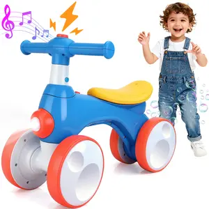 Balance Bike Toys for Kids Toy, Indoor Outdoor Non-Pedal Walker Toys for Child, Balance Bike with Bubble Function, 4 Wheels Bicycle with Music and Light, First Riding on Toys with whistle Best First Birthday Gift Children Walker