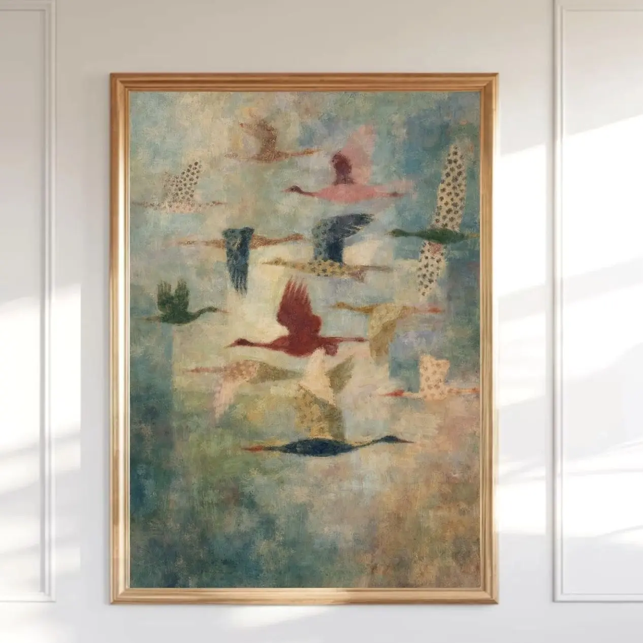 Abstract Flying Birds Wall Art, Dreamy Pastel Coastal Poster, Textured Beach House Decor | Frameless Poster 1