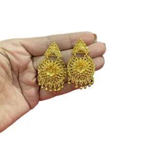 Elegant Traditional GP Nepali Gold-Plated Earrings - Floral Motif, Metal Coating, Hanging Details, Shiny Finish Gold Plated Jewelry