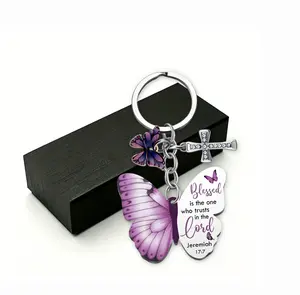 Purple Butterfly Christian Keychain - Bible Verse Cross Embellished Charm, Religious Inspirational Gift for Women, Animal-Inspired Butterfly Princess Fashion Keychain Accessories, Butterfly Princess Keychains