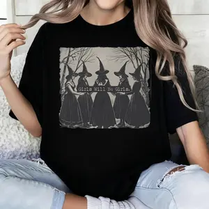 🧙‍♀️ [Graphic Tee][100% Cotton] Vintage "Girls Will Be Girls" Witch Shirt – Funny Witchy Vibes Halloween T-Shirt, Unisex Crew Neck Short Sleeve Retro Witch Graphic Tee, Casual Spooky Streetwear Top for Women & Girls